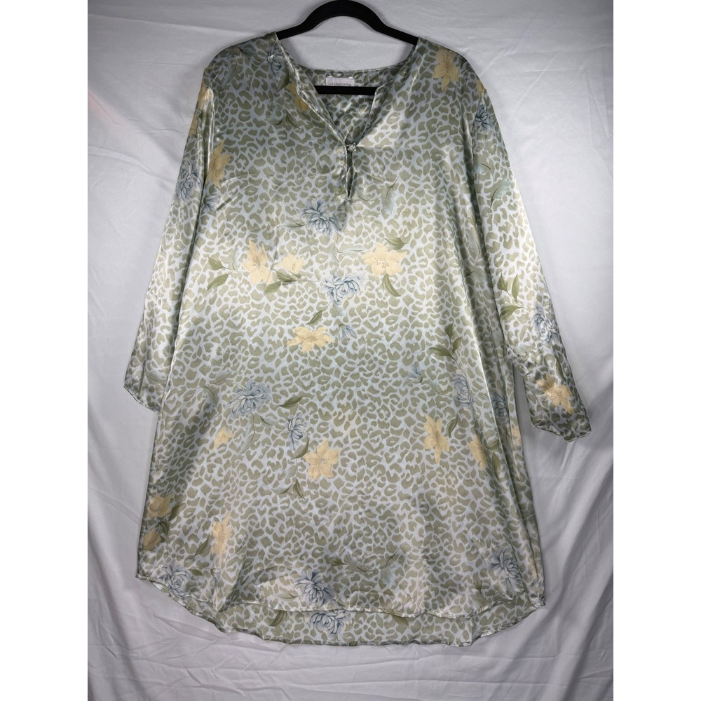 Liz‎ Claiborne Satin Floral Leopard Print Nightgown Sage Green Sleep Dress Sz XL
